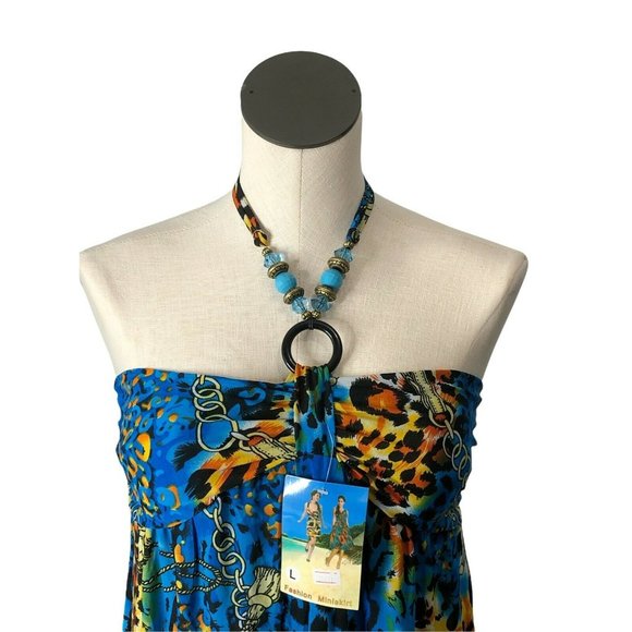 Maxi Dress Blue Womens Large Bathing Suit Cover MuMu Silk Blend Elastic Back NWT - Picture 8 of 9